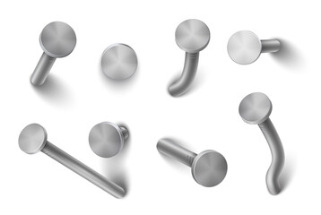 Hammered nails, realistic set of metal pins