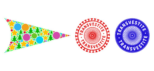 Arrowhead right mosaic of Christmas symbols, such as stars, fir trees, multicolored balls, and TRANSVESTITE textured stamp imitations. Vector TRANSVESTITE stamp seals uses guilloche pattern,