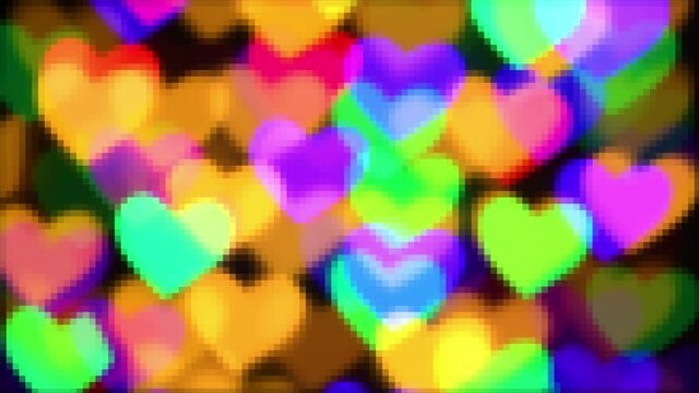 colorful hearts illumination in mosaic style or 2d pixel design for holiday or abstract boke background