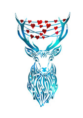 Deer with hearts on the horns. Happy Valentine's Day. With love. Vector illustration