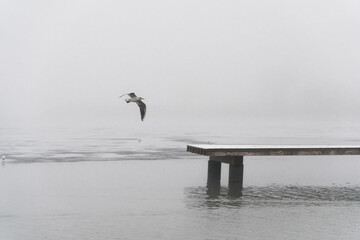 Molo na pokrytym lodem jeziorze we mgle