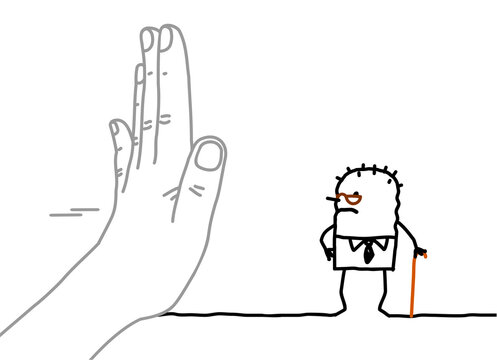 Big Hand with Cartoon Character - Stop Sign Facing an old Man