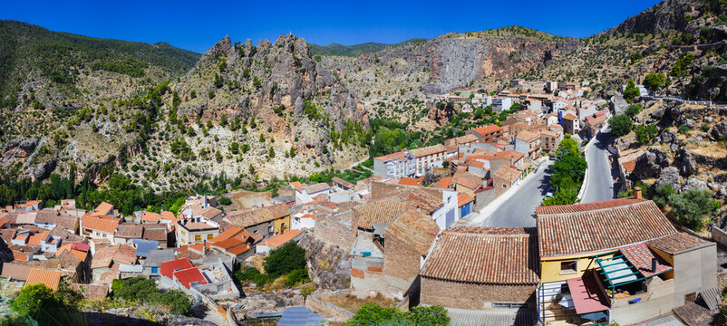 Panoramic of the Spanish city of Ayna, in La Mancha, seen from above, famous for its orchards next to the Jucar river.