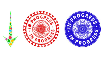 Arrow down collage of Christmas symbols, such as stars, fir trees, bright round items, and IN PROGRESS rubber stamps. Vector IN PROGRESS stamp seals uses guilloche ornament,