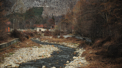 Galbenu river flowing along its stony river bed in Baia de Fier village. In the Background Galbenu Gorges with their rocky ridges can be seen. Capatanii Mountains, Carpathia, Romania.