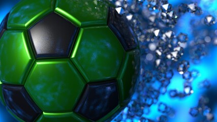 Green-Black Soccer Ball with diamond particles under blue flare lighting. 3D illustration. 3D CG. 3D high quality rendering.