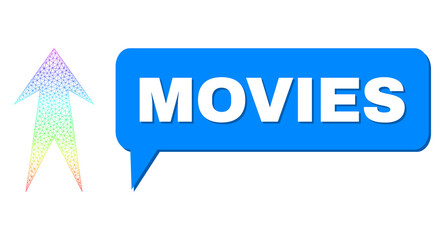 Movies and arrow up vector. Spectral colored net arrow up, and chat Movies cloud frame. Chat colored Movies bubble has shadow. Vector carcass created from arrow up icon with mesh.