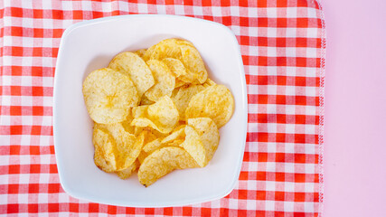 Close-up of potato chips or crisps in bowl