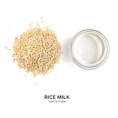 Creative layout made of rice milk on white background. Flat lay. Food concept. 