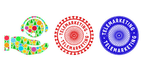 Call center service composition of Christmas symbols, such as stars, fir trees, multicolored spheres, and TELEMARKETING corroded stamp seals. Vector TELEMARKETING stamp seals uses guilloche ornament,