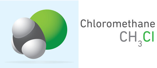 Chloromethane (CH3CI) gas molecule. Space filling model. Structural Chemical Formula and Molecule Model. Chemistry Education