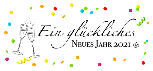 Glückwunschkarte „Ein glückliches Neues Jahr 2021“ mit Sektflasche und Konfetti,
Silvester Banner, Vektor Illustration isoliert auf weißem Hintergrund
