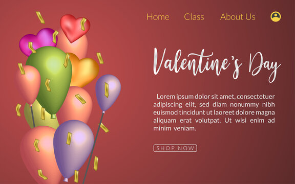 Website balloons happy valentines day landing page, template suprize love gift celebration decoration, isolated sale background decoration