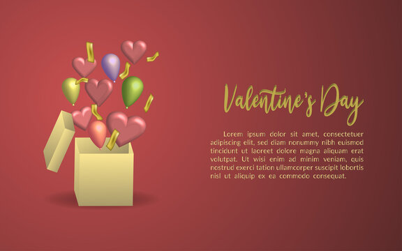 Box suprize love balloons happy valentines day , template illustration website background celebration isolated , greeting gift happy sale