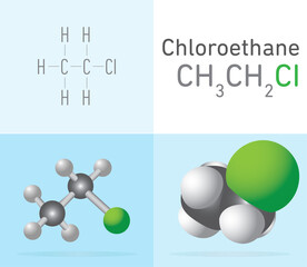 Chloroethane (CH3CH2CI) gas molecule. Two different molecule model and chemical formula. Ball, stick and Space filling model. Structural Chemical Formula and Molecule Model. Chemistry Education