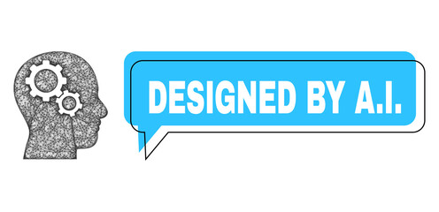 Speech Designed by A.I. blue cloud frame and wire frame brain gears. Frame and colored area are misplaced to Designed by A.I. label, which is located inside blue colored speech balloon.