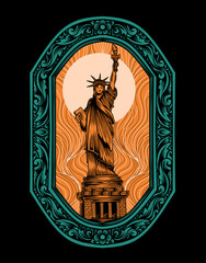 Illustration vector Liberty statue with vintage engraving ornament on black background.