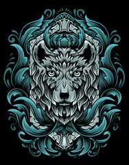 Illustration vector wolf head with vintage engraving ornament on black background.