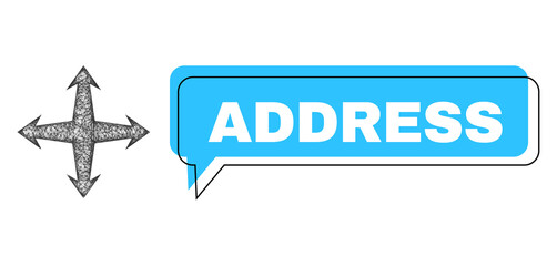 Speech Address blue bubble message and crossing mesh expand. Frame and colored area are misplaced to Address text, which is located inside blue bubble. Vector quote text inside message frame.