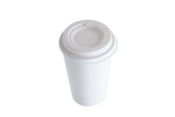 coffee to go cardboard cup with closed lid, eco friendly label blank object mock up isolated on white background with copy space, nobody.