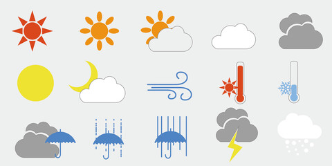 Obraz premium Weather icons pack. Colorful weather forecast design elements, Contains icons of the sun, clouds, snowflakes, wind, rain, temperature and more. お天気アイコンイラスト、天気予報イラスト、晴れ、曇り、雨、雪、気温、夜、雷など