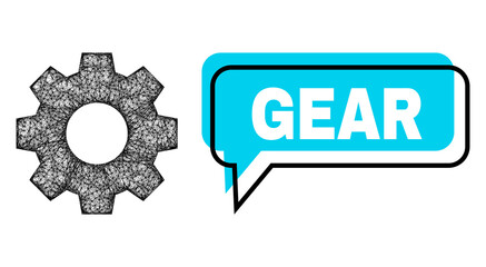 Conversation Gear blue cloud frame and wire frame gear. Frame and colored area are misplaced to Gear label, which is located inside blue colored banner. Vector quote title inside message frame.