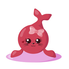 Funny cute kawaii fur seal girl with round body, heart and hair bow in flat design with shadows. Isolated vector illustration	