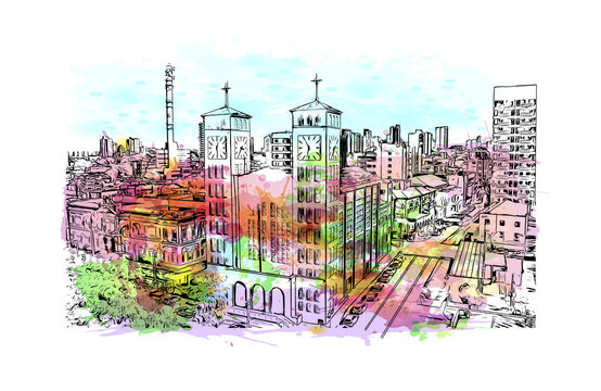 Building view with landmark of Cuiaba is the 
city in Brazil. Watercolour splash with hand drawn sketch illustration in vector.