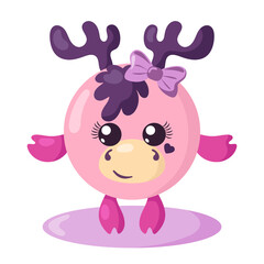 Funny cute kawaii moose girl with round body and hair bow in flat design with shadows. Isolated animal vector illustration	