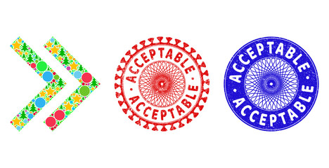 Shift right composition of Christmas symbols, such as stars, fir-trees, color round items, and ACCEPTABLE textured stamp seals. Vector ACCEPTABLE seals uses guilloche ornament,