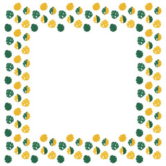 Square frame of stylized cartoon monstera leaves in green and yellow colors on a white background. Isolated tropical palm border with place for text. Vector.