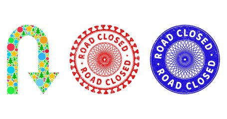 Turn back composition of Christmas symbols, such as stars, fir-trees, colored balls, and ROAD CLOSED textured stamp prints. Vector ROAD CLOSED stamp seals uses guilloche ornament,