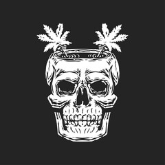 skull bone with cannabis on the head logo. skull drinking. vector illustration. t shirt and logo design.