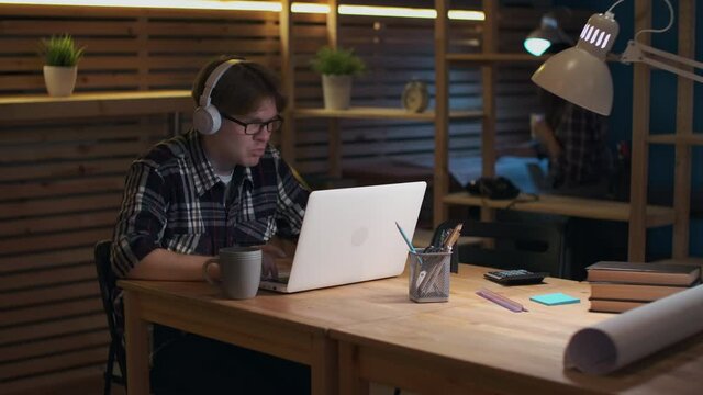 Creative Business Team, Business Project, Hipster Businessmen, Remote Work, Freelance Working. Creative Businessman During Online Conference in Loft Office
