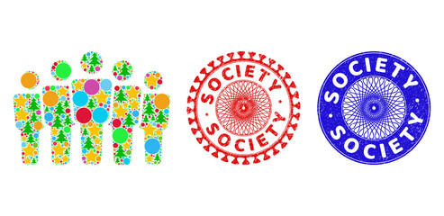 Fototapeta premium People crowd composition of New Year symbols, such as stars, fir-trees, color balls, and SOCIETY textured stamps. Vector SOCIETY watermarks uses guilloche ornament, designed in red and blue colors.