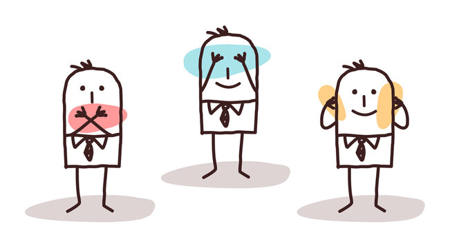 Cartoon three Men Hiding Mouth, Eyes and Ears