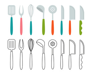 Kitchen tools fork whisk, spoon utensils cartoon set. Modern kitchen tool flat cooking dishes, equipments. Hand drawn utensils collection icon. Corolla, scoop, meat knife spatula. Vector illustration