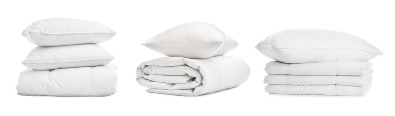 Set of blankets and pillows isolated on white. Banner design