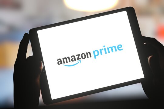 Amazon Prime logo displayed on tablet screen. Editorial 3d rendering.