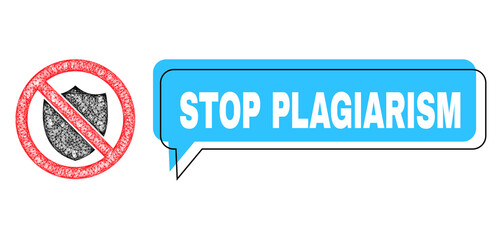 Speech Stop Plagiarism blue cloud frame and wire frame no shield. Frame and colored area are shifted to Stop Plagiarism caption, which is located inside blue colored cloud.