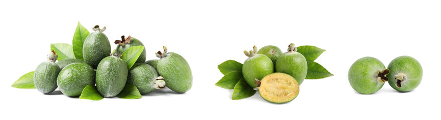 Set of fresh ripe feijoas on white background. Banner design