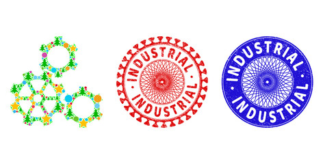 Gears collage of Christmas symbols, such as stars, fir-trees, bright circles, and INDUSTRIAL unclean stamp seals. Vector INDUSTRIAL stamp seals uses guilloche ornament,