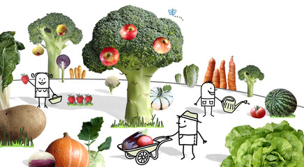 Cartoon Gardeners working in a Fantasy Fruits and Vegetables Garden