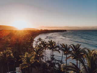 Aerial drone view of the paradise beach with palm trees and blue water of Atlantic ocean at sunset, Las Terrenas, Samana, Dominican Republic © Pavel