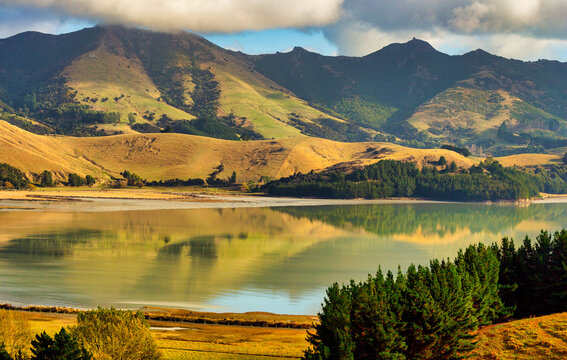 Stunning rural countryside views of Banks Peninsula the hills and inlets from the top of the inland saddle road peak