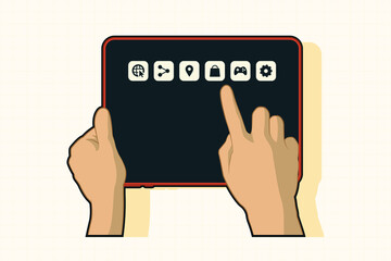 Hands with tablet computer and point on app concept