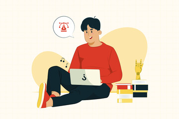 Young man with laptop sitting on floor working from home concept