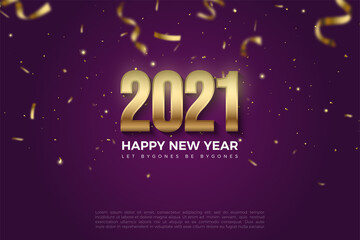 Anniversary Happy New Year 2021 background with falling gold figures and paper illustrations.