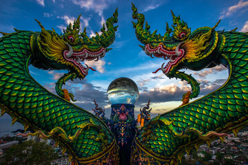 Wat Khao Phra Kru,Landmark of sriracha city with two of great Nagas guarded entrance to the view...