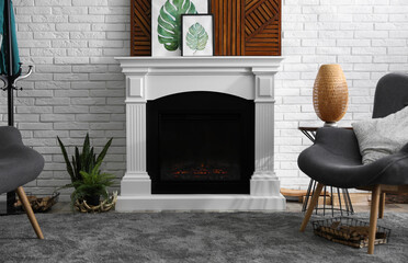 Beautiful living room interior with fireplace and furniture